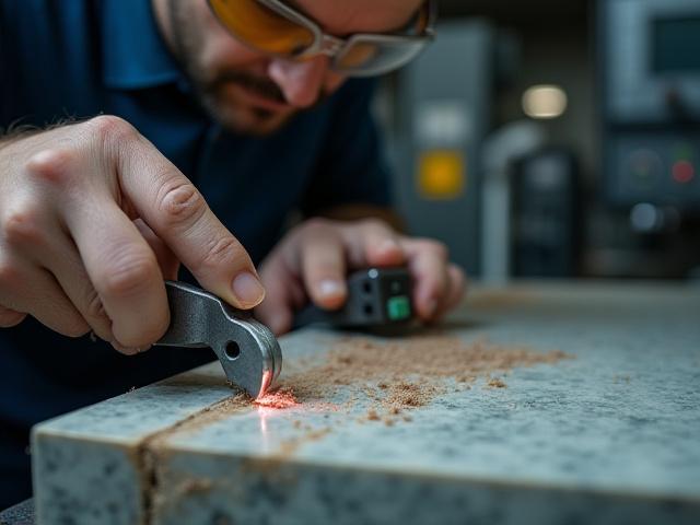 Feinmechaniker bearbeitet einen Rohstein mit Präzisionswerkzeugen